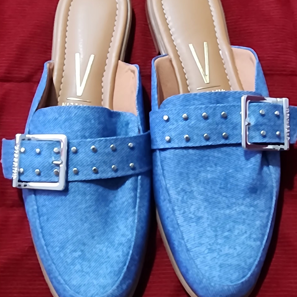 Vibrant Blue Suede Mules with Decorative Buckle